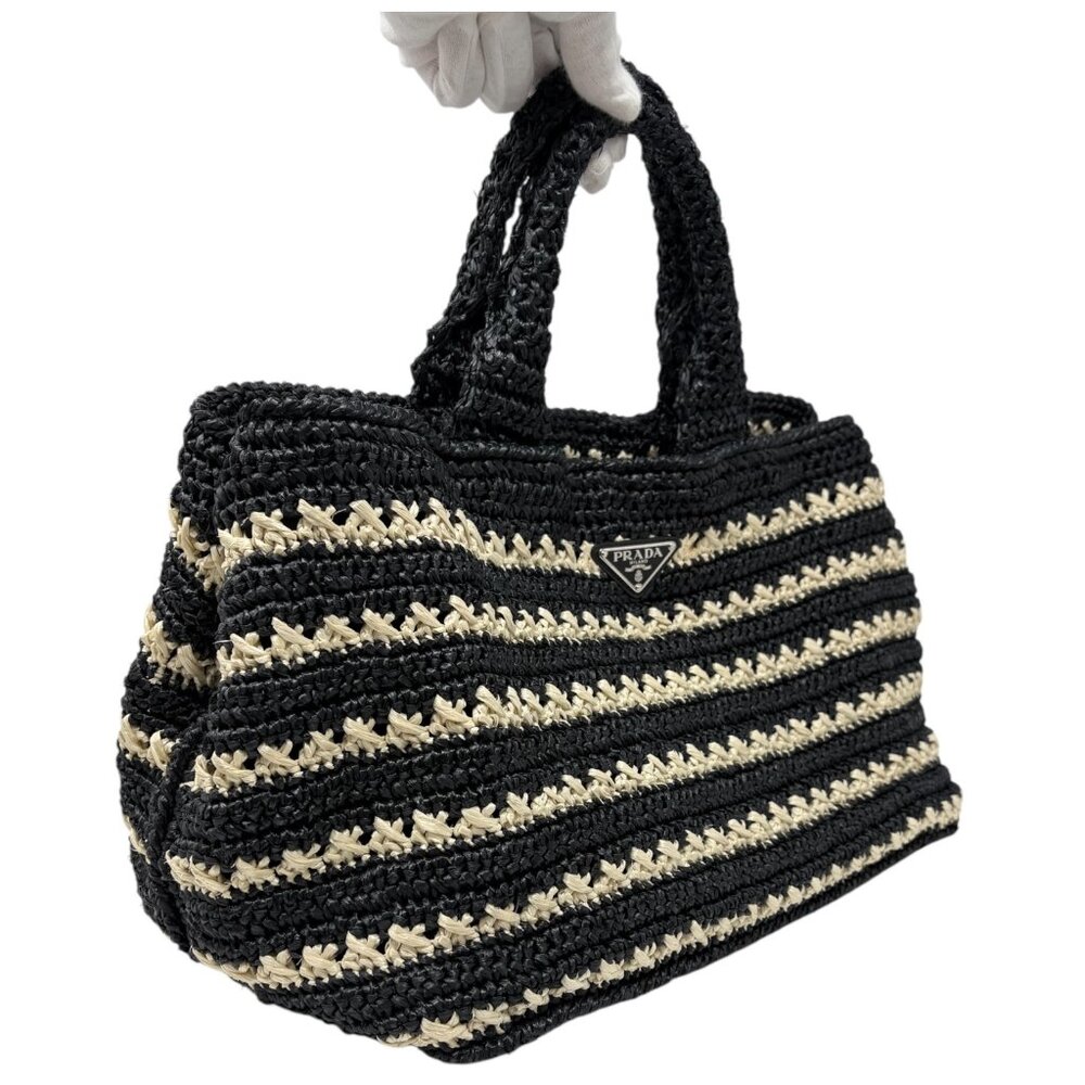PRADA Vintage Triangle Logo Canapa Tote Bag Handbag Black Beige Raffia [106401] - Picture 10 of 15